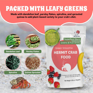 Hermit crab food package with green smoothie design, featuring leafy greens and superfoods.