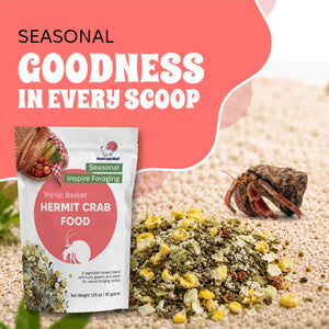 Hermit crab food package with text 'Seasonal Goodness in Every Scoop' on a pink and white background.