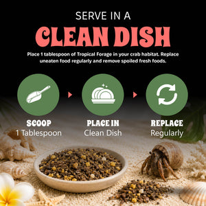 Instructions for using Tropical Forage with crabs, including scooping, placing, and replacing in a clean dish.