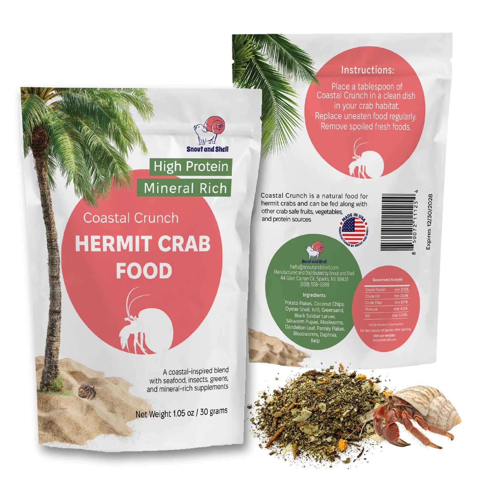 Coastal Crunch Hermit Crab Food with palm tree and hermit crab