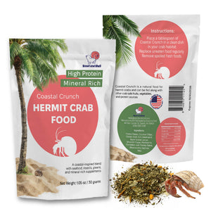 Coastal Crunch Hermit Crab Food with palm tree and hermit crab