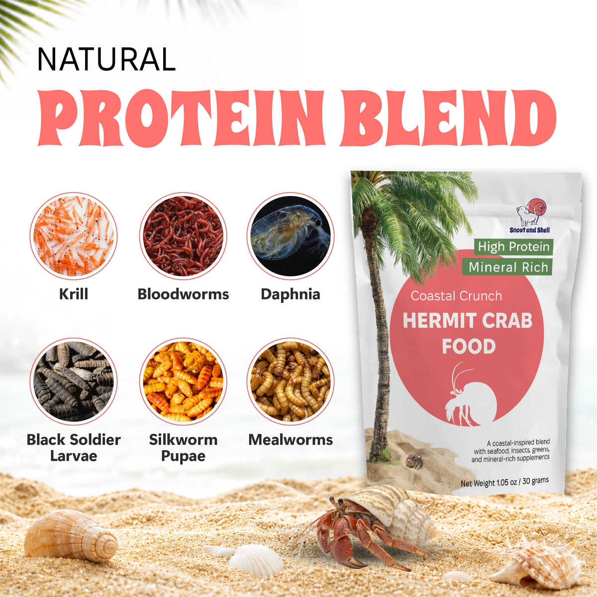 Hermit crab food package with natural protein blend ingredients on a sandy background