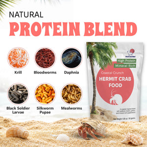 Hermit crab food package with natural protein blend ingredients on a sandy background