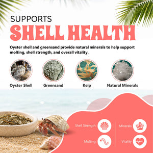 Advertisement for shell health support with images of oyster shell, greensand, kelp, and natural minerals.