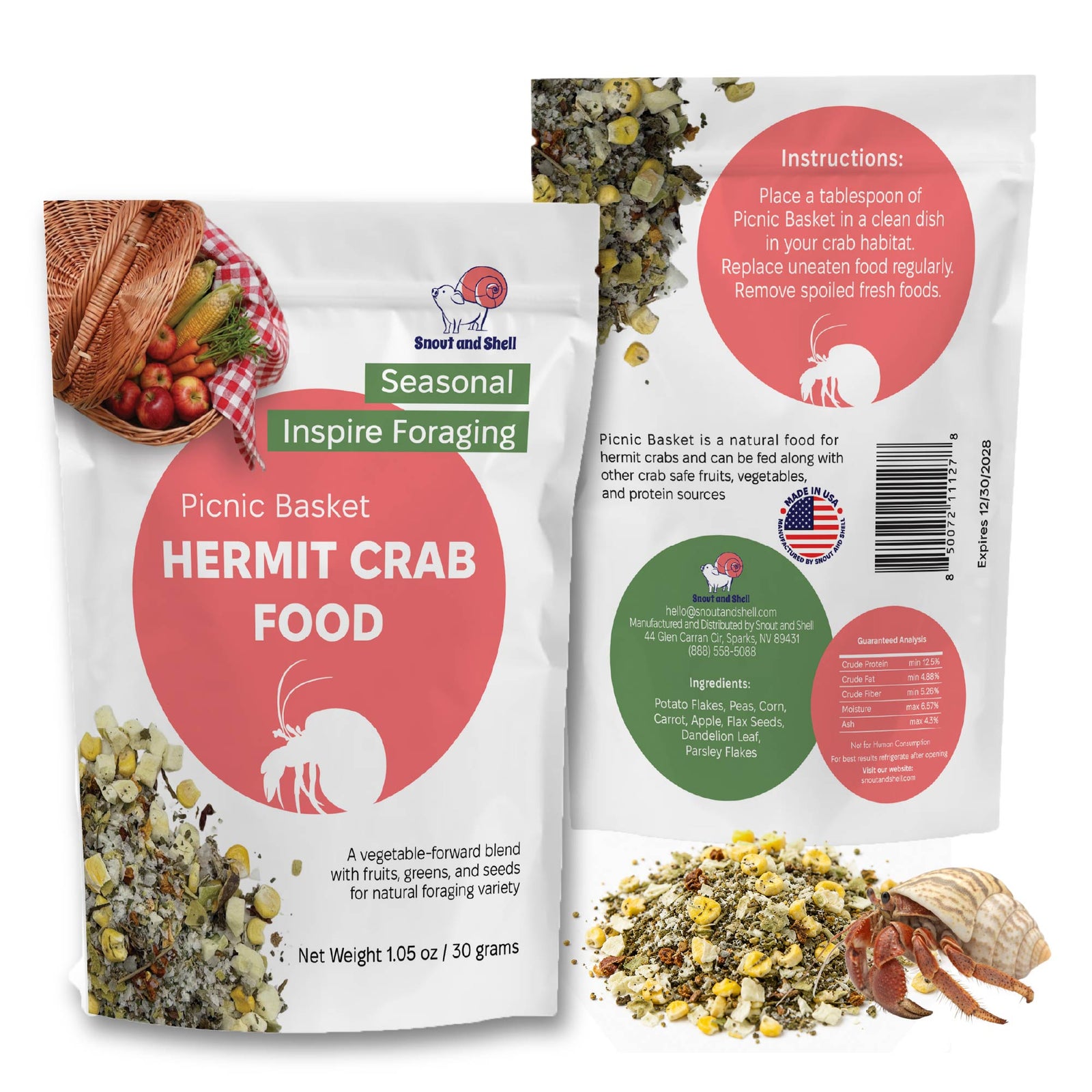 Picnic Basket Hermit crab food with branding and product details