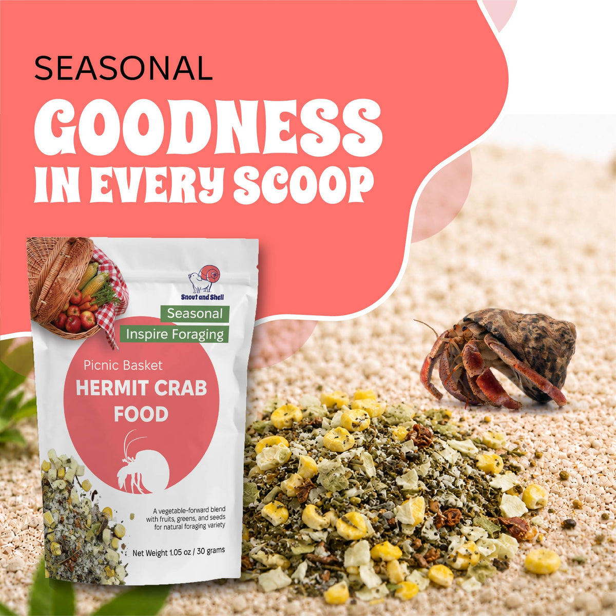 Hermit crab food package with text 'Seasonal Goodness in Every Scoop' on a pink and white background.