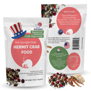 Star Spangled Bugs Hermit Crab Food packaging with instructions and ingredients listed.