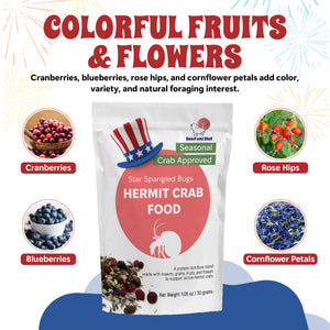 Hermit crab food package with colorful fruits and flowers