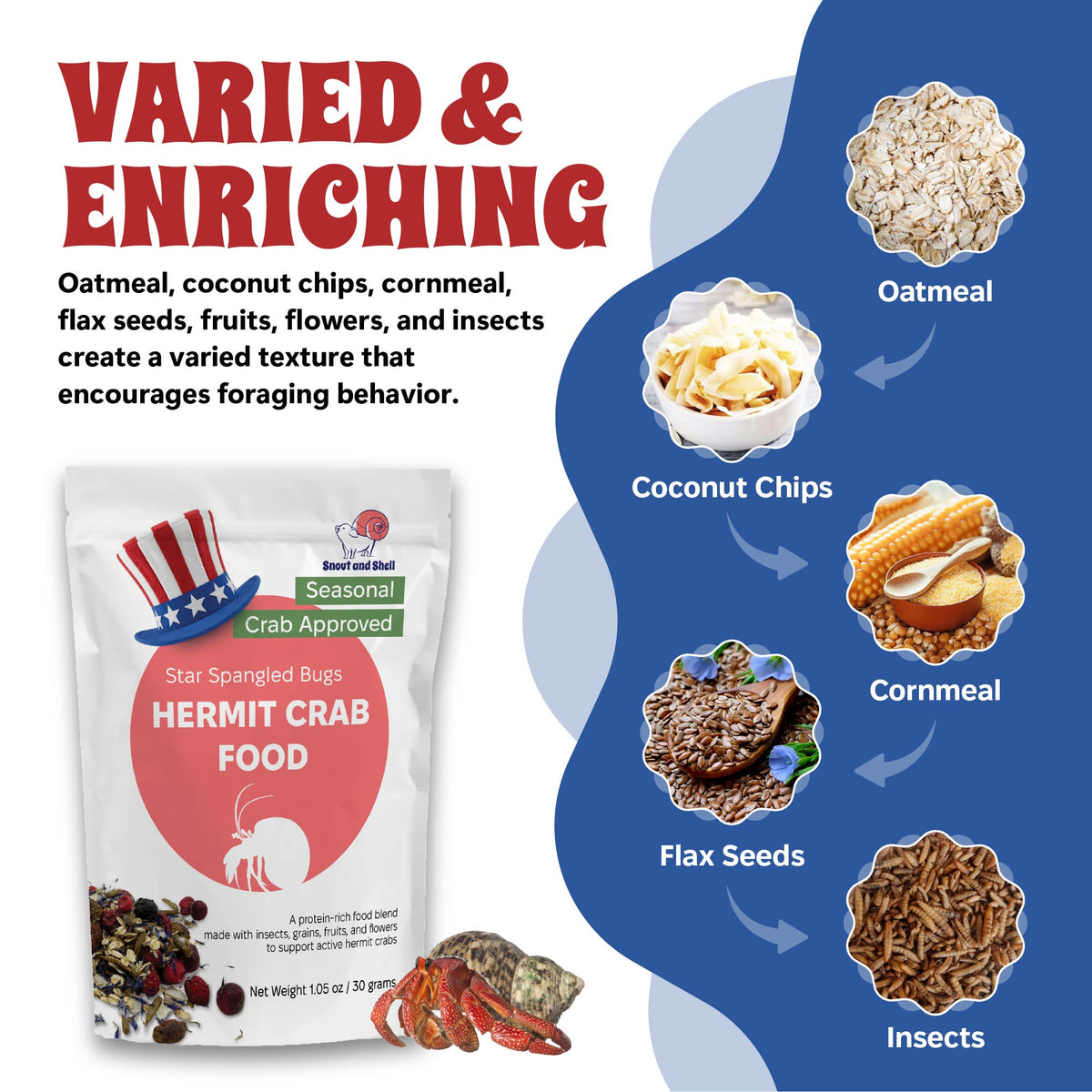 Star Spanlged Bugs Hermit crab food with ingredients listed