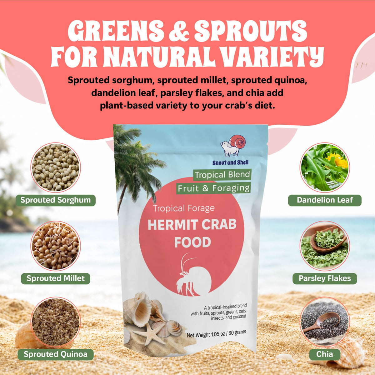 Hermit crab food package with ingredients listed